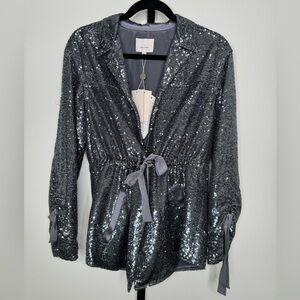 Cinq à Sept Mathieu Ribbon Detail Sequin Jacket -Shimmering Elegance in Gunmetal